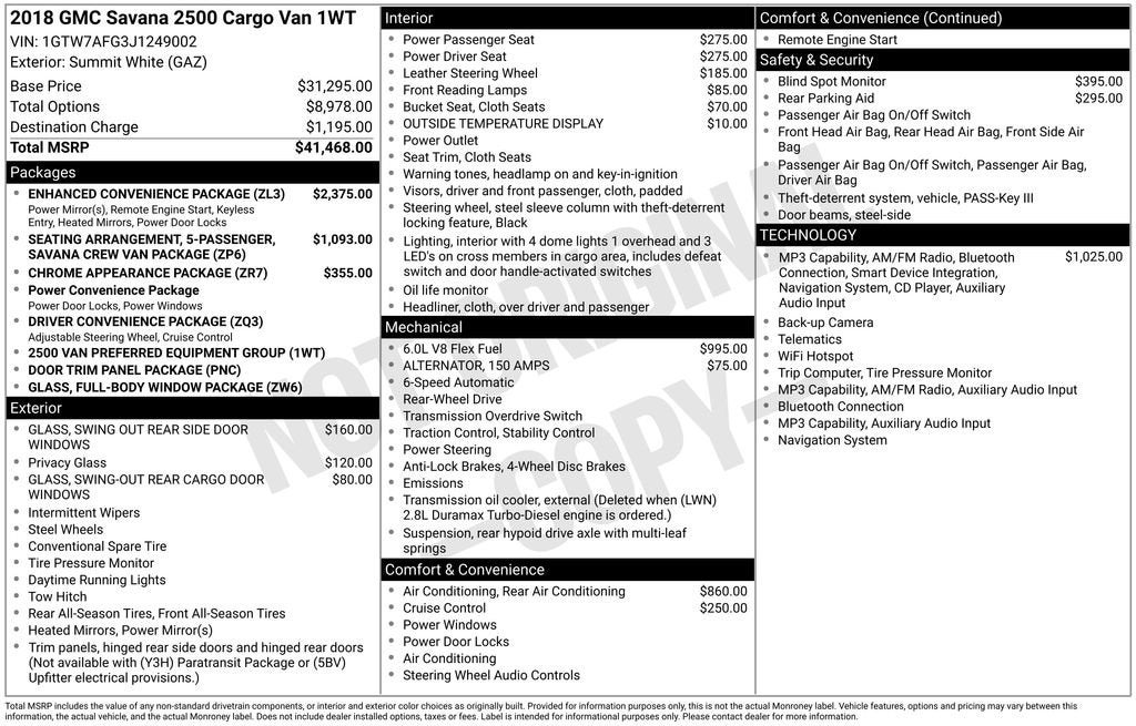 2018 GMC Savana Cargo 2500 Work Van